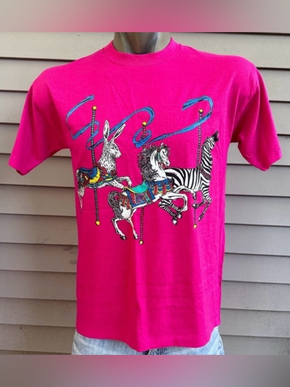 Vintage carousel tshirt pink 90s zebra NOS